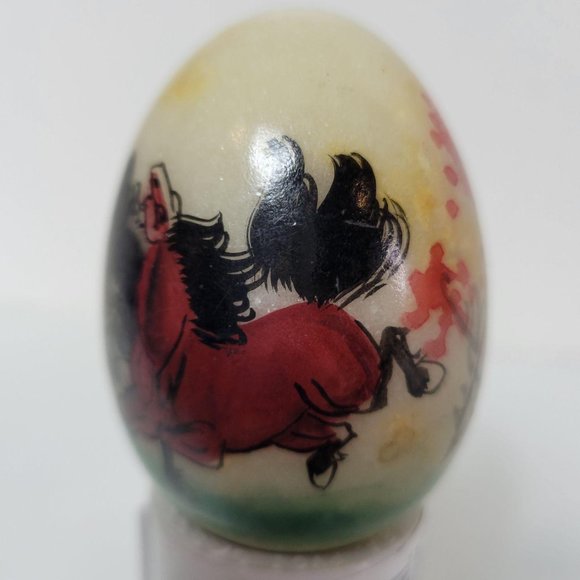 Hand Painted Horses Cherry Blossoms Alabaster Egg